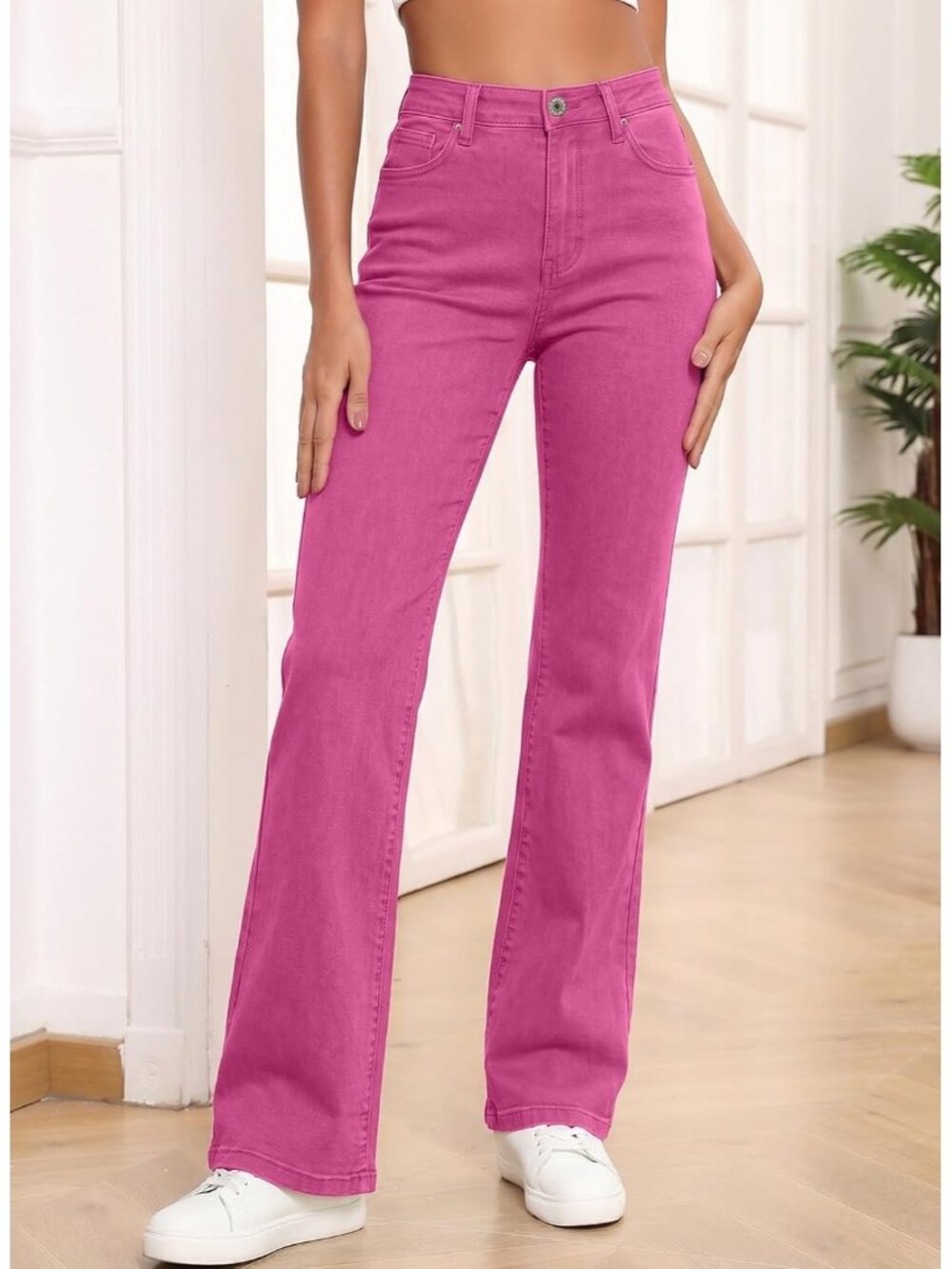 Women's Rose Red High Waisted Wide Tummy Control Elastic waist Straight Leg Jean - Picture 3 of 6